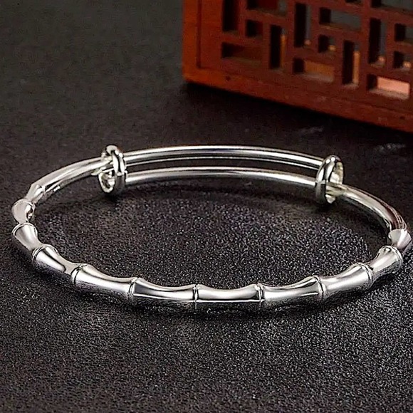 Sterling Silver Bamboo Adjustable Resizable Bangle Bracelet - Picture 3 of 6